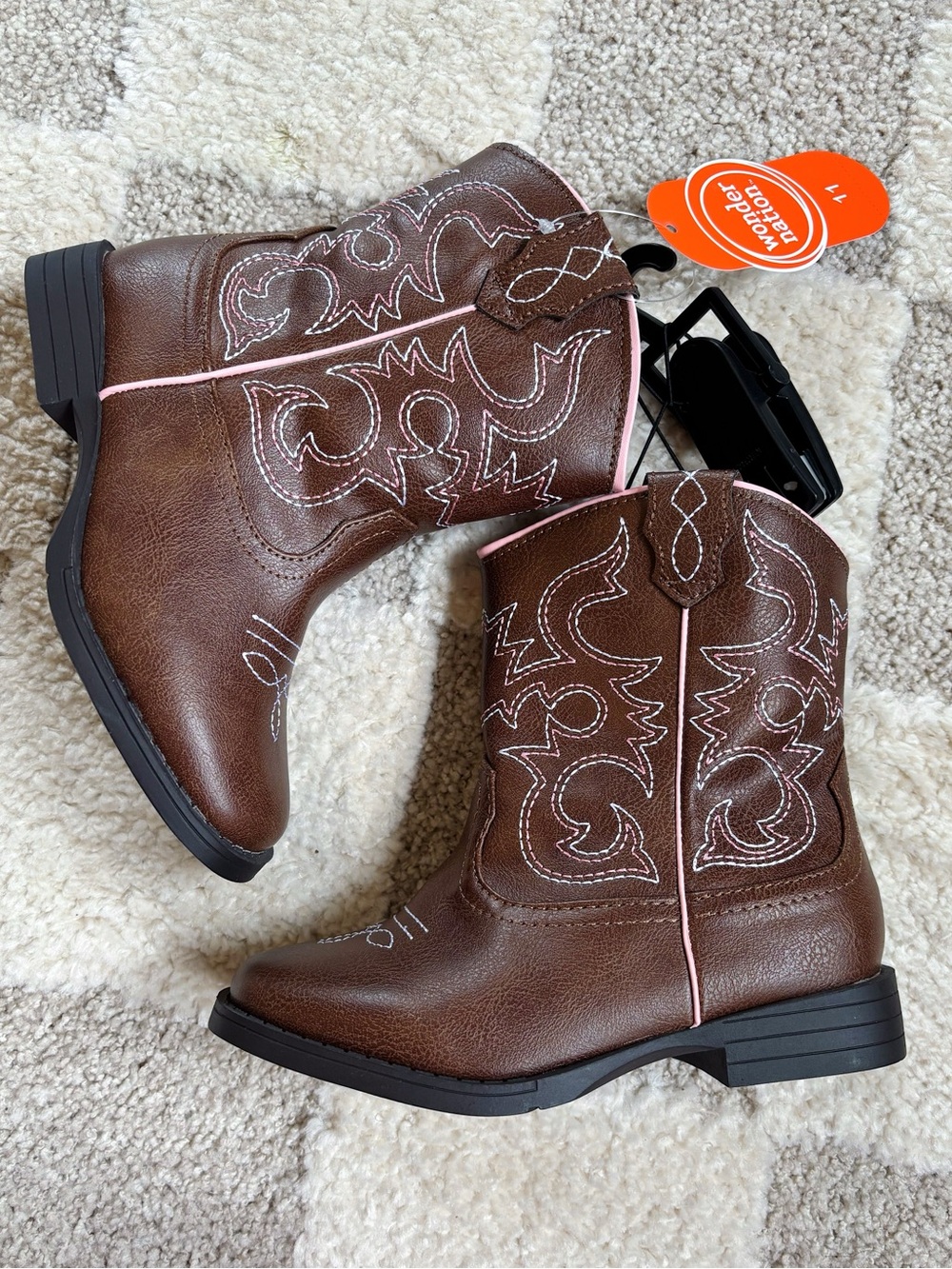 Wonder Nation Toddler Little Girl Western Cowgirl Boots Brown Pink Stitching NWT - Picture 2 of 10